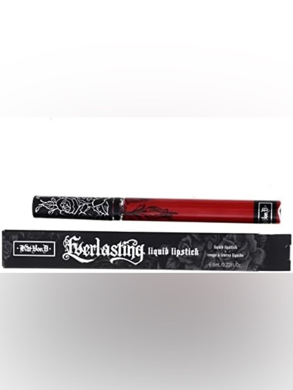 Kat Von D Red Everlasting Liquid Lipstick Outlaw Color with Black Floral Cap